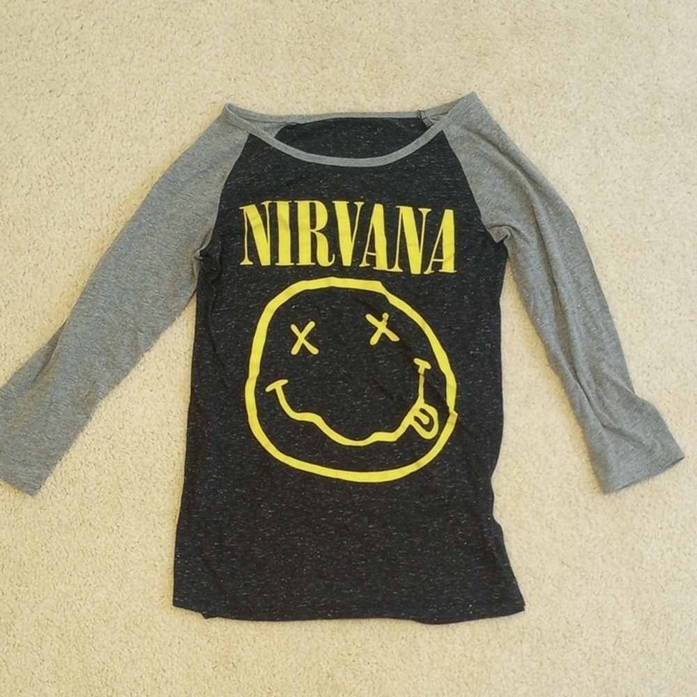 NIRVANA Gray and Black Long Sleeve Tee Smiley Face
